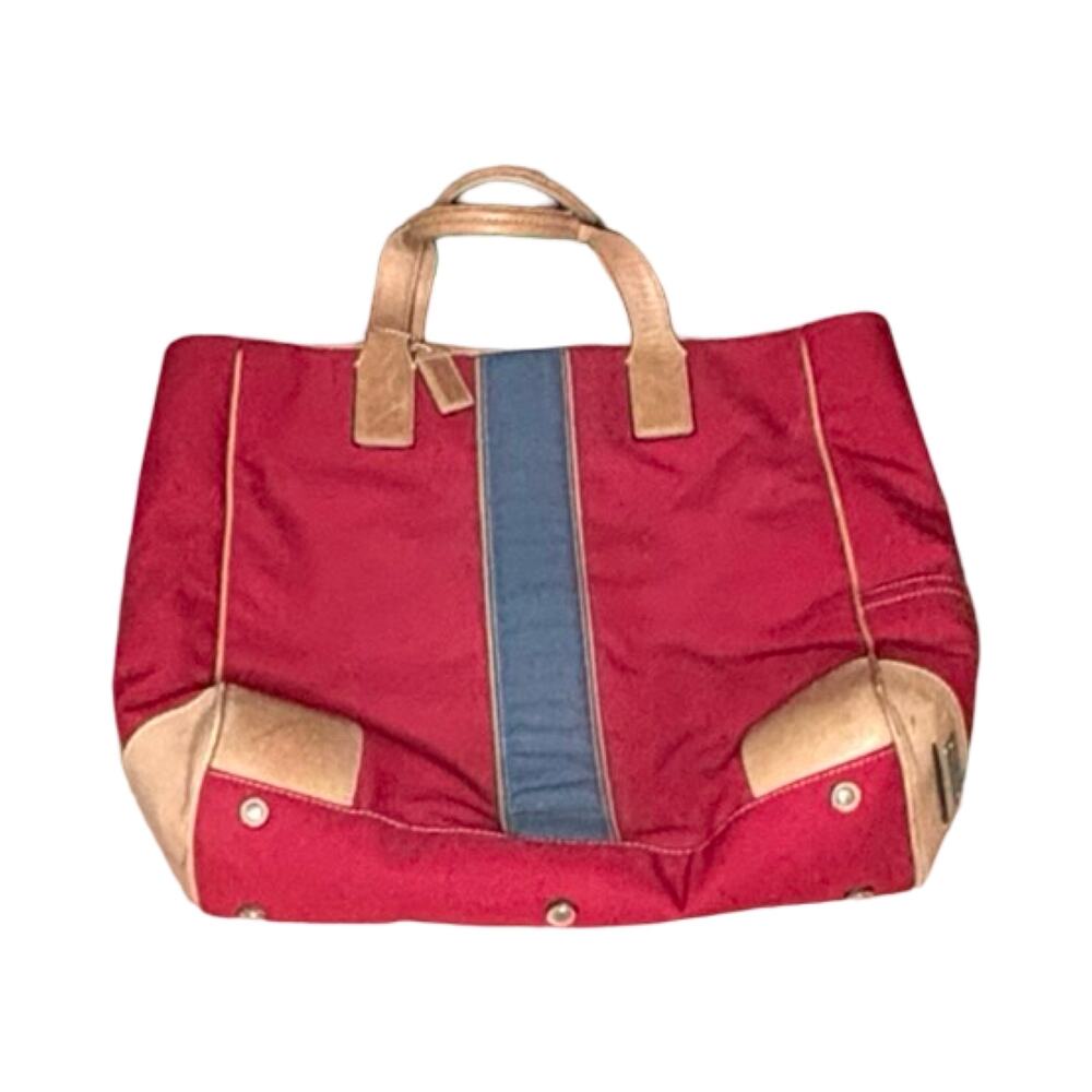 Vintage Coach Red Canvas Tote Bag with Leather Trim & Blue Stripe